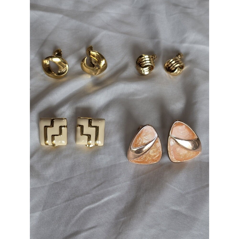 Vintage MONET Clip On Earrings Lot 4 Pairs All Signed Gold Tone Enamel Statement